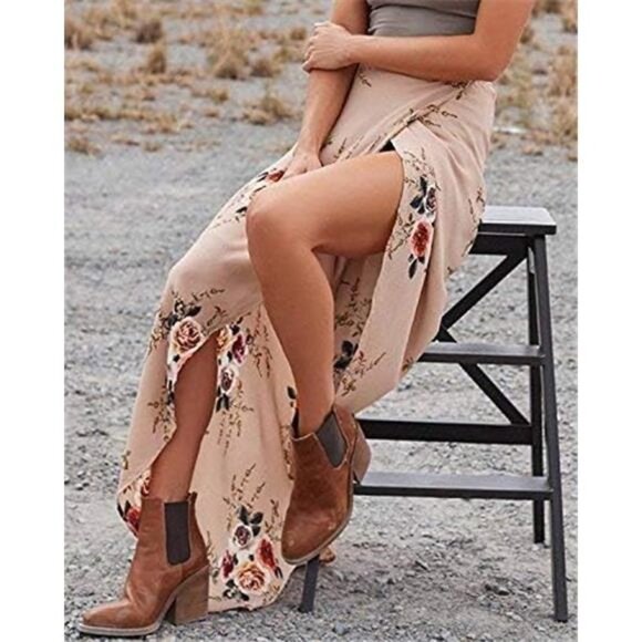 Boho Nude Floral Print Tie Waist Wrap Maxi Skirt Leg Slit Flowy Skirt Cover Up - Picture 8 of 10